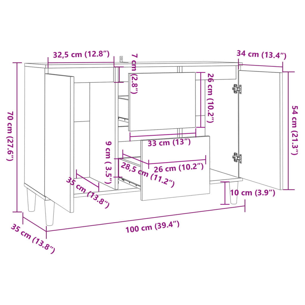 Credenza Bianca 101x35x70 cm in Legno Multistrato