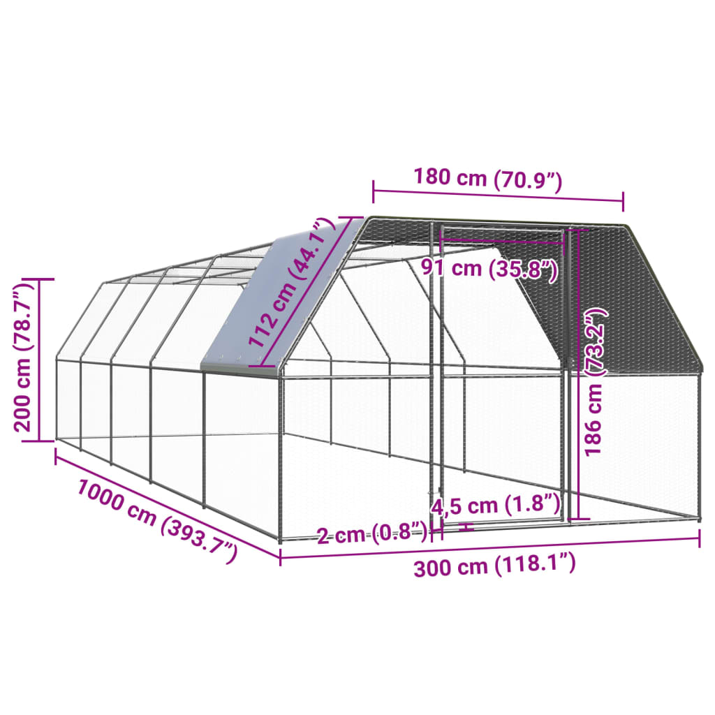 Pollaio per Esterni 3x10x2 m in Acciaio Zincato