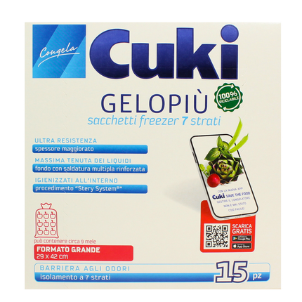 CUKI GELOPIÙ SACCHETTI FREEZER - FORMATO GRANDE - 15 SACCHETTI - LT 6.0 - CM 29X42