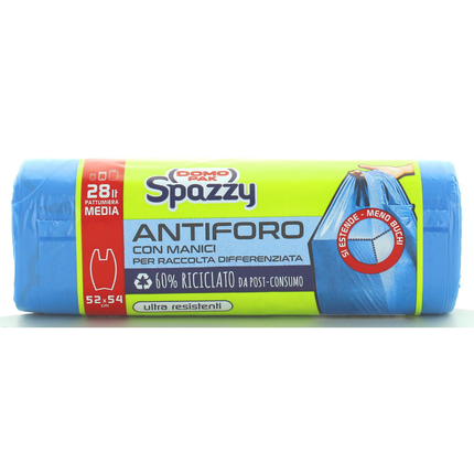DOMOPAK SPAZZY - SACCHI NETTEZZA ANTIFORO CON MANICI - 20 SACCHI CASALINGHI BLU PER PATTUMIERA MEDIA 28LT - CM 52X54