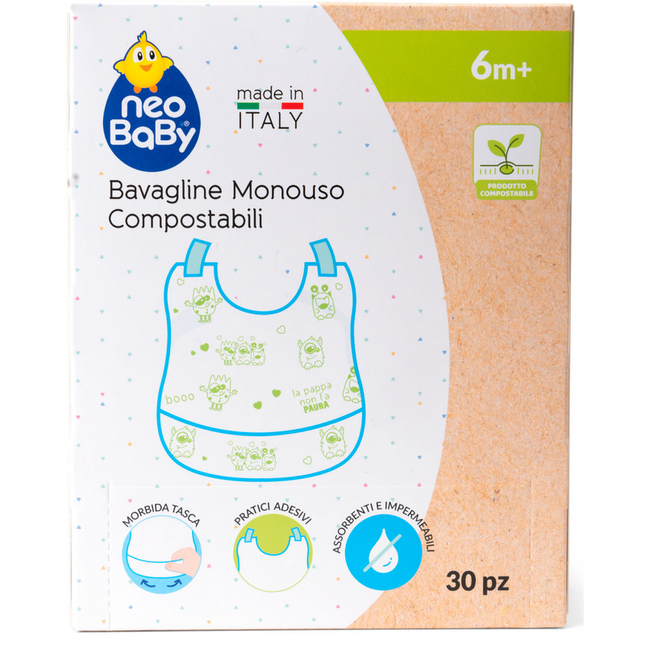 NEO BABY BAVAGLINE MONOUSO COMPOSTABILI CON TASCA E PRATICI ADESIVI 6 MESI+ 30 BAVAGLINE