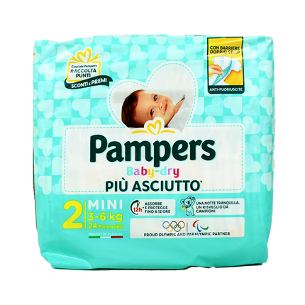 PAMPERS PANNOLINI BABY 2 DRY MINI 3-6 Kg 24 PZ + BUONO SCONTO EURO 0,50