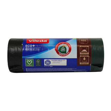 VILEDA ECOBAG 100% RICICLATO 12 SACCHI PATTUMIERA CON MANIGLIE 50 LT 70x75