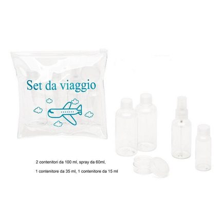 SET DA VIAGGIO 5 PZ MISTI - 2 CONTENITORI DA 100 ML - 1 CONTENITORE 60 ML SPRAY - 1 CONTENITORE 35 ML - 1 CONTENITORE 15 ML MINI SIZE TRAVEL KIT