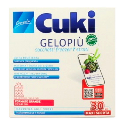 CUKI GELOPIÙ MAXI SCORTA SACCHETTI FREEZER CONFEZIONE FORMATO GRANDE - 30 SACCHETTI - LT 6.0 - CM 29X42