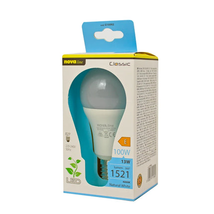 NOVALINE LAMPADINA LED GOCCIA 13W- LED EPISTAR-1521 Lm- 30000 h-170/240V - LUCE NATURALE 4000K- ANGOLO 180°-EQUIVALENTE AD UNA 100 W AD INCANDESCENZA - CLASSE A+