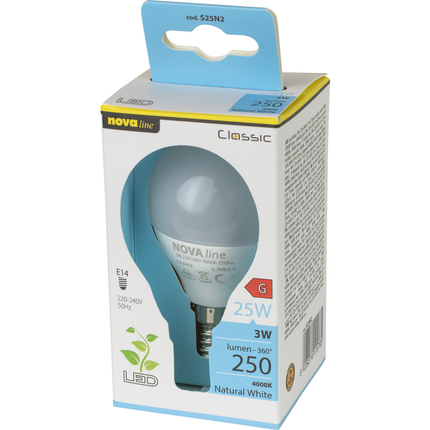 NOVALINE LAMPADINA LED SFERA 3W- LED EPISTAR-250Lm-30000 h-230V- LUCENATURALE 4000K-270°- EQUIVALENTE AD UNA LAMPADINA DA 25W AD INCANDESCENZA- CLASSE A+