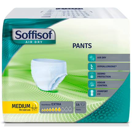 SOFFISOF PANNOLONI MUTANDINA ADULTI PANTS AIR DRY MISURA MEDIUM GIRO VITA 70-110 CM ASSORBENZA EXTRA 7 GOCCE 14 PZ DISPOSITIVO MEDICO CE DI CLASSE 1