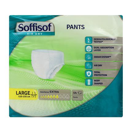SOFFISOF PANNOLONI MUTANDINA ADULTI PANTS AIR DRY MISURA LARGE GIRO VITA 110-150 CM ASSORBENZA EXTRA 7 GOCCE 14 PZ DISPOSITIVO MEDICO CE DI CLASSE 1