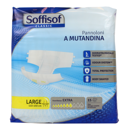 SOFFISOF PANNOLONI MUTANDINA ADULTI MISURA LARGE 7 GOCCE 15 PZ DISPOSITIVO MEDICO CE DI CLASSE 1