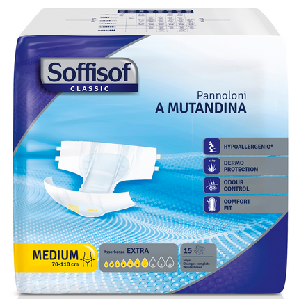 SOFFISOF PANNOLONI MUTANDINA ADULTI MISURA MEDIUM GIRO VITA CM 70-110 7 GOCCE 15 PZ DISPOSITIVO MEDICO CE DI CLASSE 1