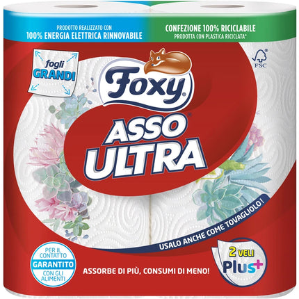 FOXY CARTA CUCINA ASCIUGATUTTO ASSO ULTRA 2 ROTOLI FOGLI GRANDI 2 VELI PLUS DECORATO
