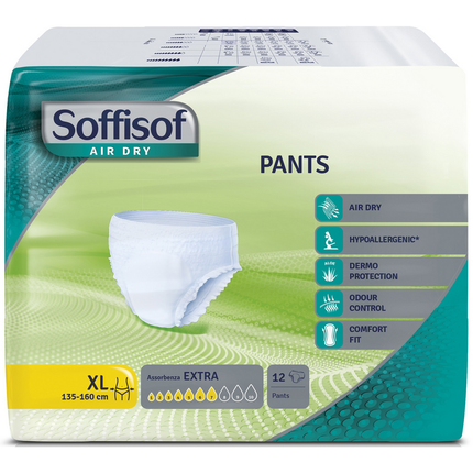SOFFISOF PANNOLONI MUTANDINA ADULTI PANTS AIR DRY MISURA EXTRA LARGE 12 PZ Giro vita 135-160cm DISPOSITIVO MEDICO CE DI CLASSE 1