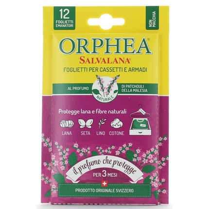 ORPHEA SALVALANA ANTI-TARME 12 FOGLIETTI ARMADI E CASSETTI PATCHOULI DELLA MALESIA