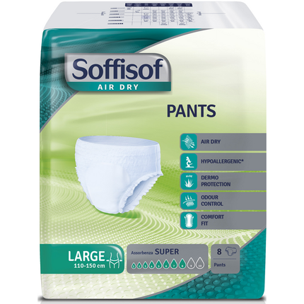 SOFFISOF PANTS AIR DRY LARGE GIRO VITA 110-150cm 70/100 kg ASSORBENZA SUPER 8 GOCCE 8 PEZZI DISPOSITIVO MEDICO CE DI CLASSE 1