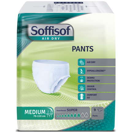 SOFFISOF PANTS AIR DRY MEDIUM GIRO VITA 70/110cm 40/70 kg ASSORBENZA SUPER 8 GOCCE 9 PEZZI DISPOSITIVO MEDICO CE DI CLASSE 1