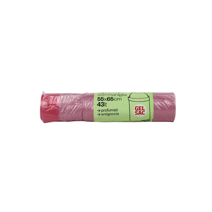 GEL SAC 15 SACCHI PATTUMIERA IN POLIETILENE MISURA 55x65 CON MANIGLIA ROSA TRASPARENTE PROFUMATO IN ROTOLO
