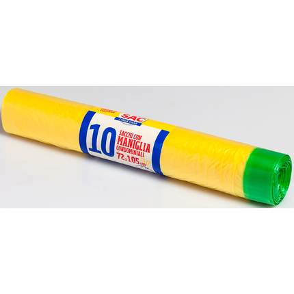 GEL SAC 10 SACCHI CONDOMINIALI IN POLIETILENE MISURA 72x105 CON MANIGLIA GIALLO IN ROTOLO