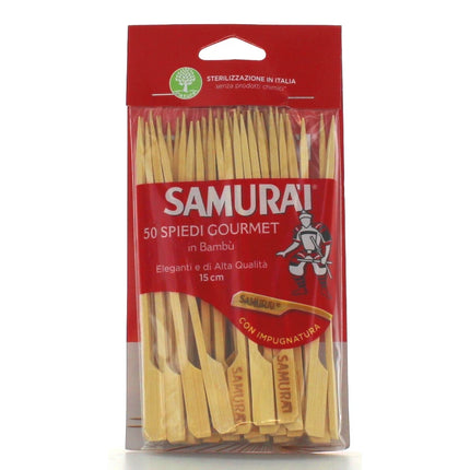 SAMURAI 50 SPIEDINI GOURMET DI BAMBU' CON IMPUGNATURA LUNGHEZZA 15 CM