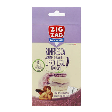ZIG ZAG SALVA ABITI 12 FOGLIETTI CARTONCINO SPESSO CANFORA e LAVANDA x CASSETTI E ARMADI PROTEGGE RINFRESCA E PROFUMA