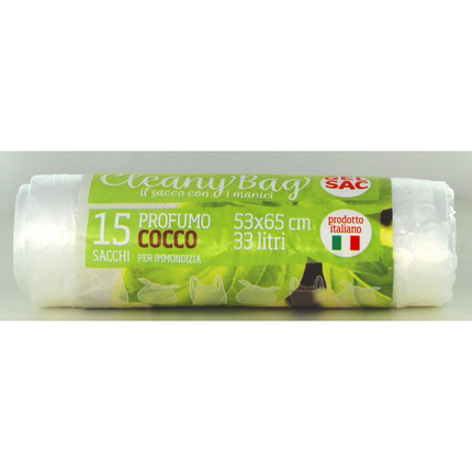 GEL SAC ROTOLO 15 SACCHI SHOPPERS PATTUMIERA CON MANICI 53x65 CM 33 LITRI TRASPARENTE PROFUMO COCCO