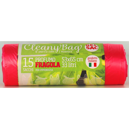 GEL SAC ROTOLO 15 SACCHI SHOPPERS PATTUMIERA CON MANICO 53x65 CM 33 LITRI ROSA TRASPARENTE PROFUMO FRAGOLA