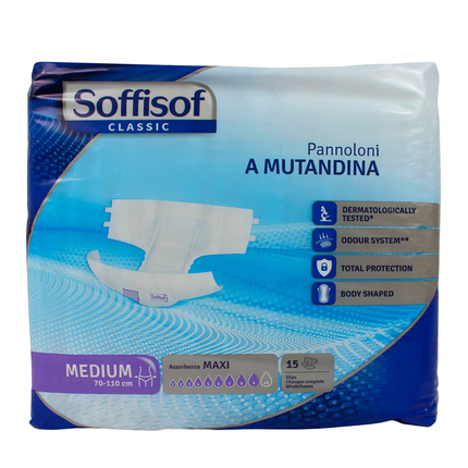 SOFFISOF PANNOLONI MUTANDINA ADULTI MISURA MEDIUM GIRO VITA 70-110 CM BUSTA 15 PEZZI ASSORBENZA MAXI 9 GOCCE DISPOSITIVO MEDICO CE DI CLASSE 1