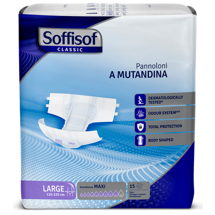 SOFFISOF PANNOLONI MUTANDINA ADULTI MISURA LARGE GIRO VITA 100-150 CM BUSTA 15 PEZZI ASSORBENZA MAXI 9 GOCCE DISPOSITIVO MEDICO CE DI CLASSE 1