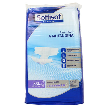 SOFFISOF PANNOLONI MUTANDINA ADULTI MISURA XXL GIRO VITA 155-175 CM BUSTA 15 PEZZI ASSORBENZA MAXI 9 GOCCE DISPOSITIVO MEDICO CE DI CLASSE 1