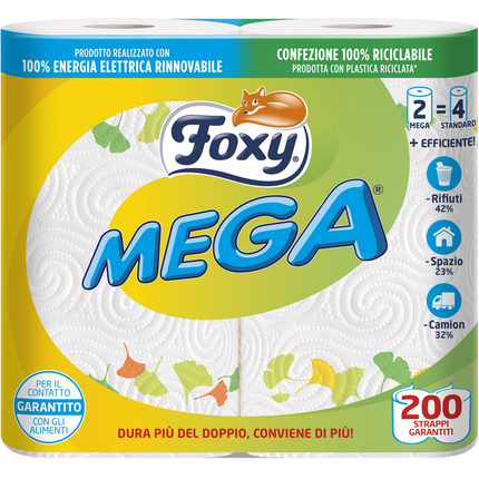 FOXY MEGA ASCIUGATUTTO 2 ROTOLI 200 STRAPPI 2 VELI + CONCORSO