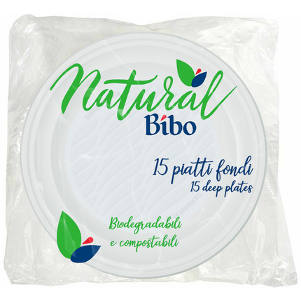 BIBO NATURAL 15 PIATTI FONDI 21,5 CM DIAMETRO BIODEGRADABILI e COMPOSTABILI