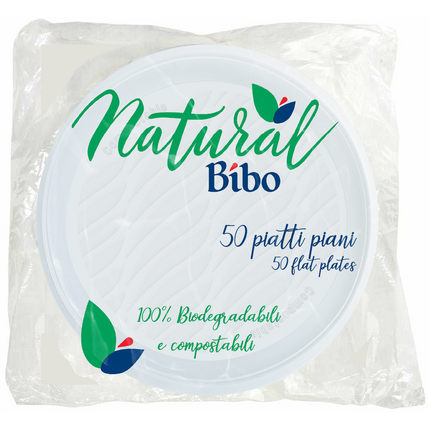 BIBO NATURAL 50 PIATTI PIANI 21,5 CM DIAMETRO BIODEGRADABILI e COMPOSTABILI