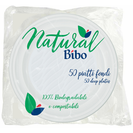 BIBO NATURAL 50 PIATTI FONDI 21,5 CM DIAMETRO BIODEGRADABILI e COMPOSTABILI