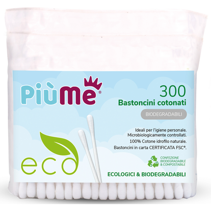 PIUME 300 BASTONCINI COTONATI ECO BIODEGRADABILI IN SACCHETTO BIOPOLIMERO COMPOSTABILE