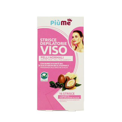 PIUME STRISCE DEPILATORIE VISO CON BURRO DI KARITE' BIO, OLIO DI ARGAN BIO, CERA D'API & VITAMINA E PELLI NORMALI 16 PZ