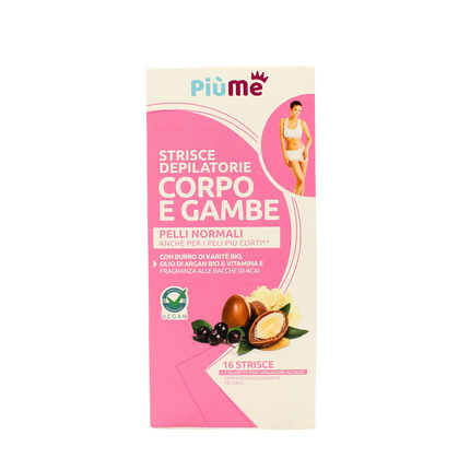 PIUME STRISCE DEPILATORIE CORPO E GAMBE CON BURRO DI KARITE' BIO, OLIO DI ARGAN BIO, CERA D'API & VITAMINA E PELLI NORMALI 16 PZ