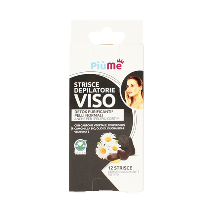 PIUME STRISCE DEPILATORIE VISO DETOX CARBONE VEGETALE, ZENZERO BIO, CAMOMILLA BIO, OLIO DI JOJOBA BIO & VITAMINA E 12 PZ