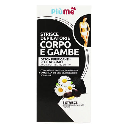 PIUME STRISCE DEPILATORIE CORPO E GAMBE DETOX CARBONE VEGETALE, ZENZERO BIO, CAMOMILLA BIO, OLIO DI JOJOBA BIO & VITAMINA E 8 PZ