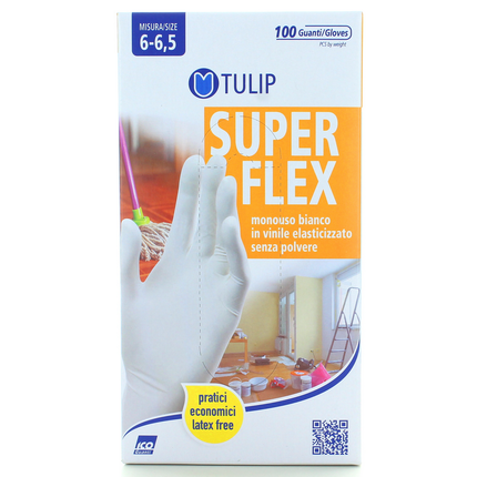 TULIP SUPERFLEX GUANTI IN VINILE ELASTICIZZATO BIANCO MONOUSO SENZA POLVERE 100 PZ MISURA 6-6,5
