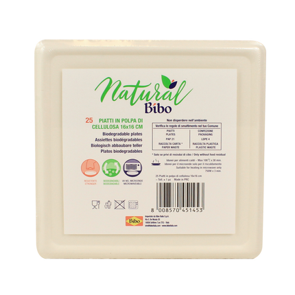 BIBO NATURAL 25 PIATTI QUADRATI DM 16 cm BIODEGRADABILI E e COMPOSTABILI