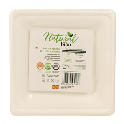 BIBO NATURAL 25 PIATTI QUADRATI DM 20 cm BIODEGRADABILI e COMPOSTABILI