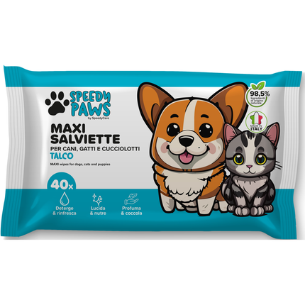 SPEEDY PAWS 40 MAXI SALVIETTE DETERGE LUCIDA PROFUMA PER CANI, GATTI E CUCCIOLOTTI AL PROFUMO DI TALCO