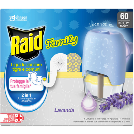 RAID FAMILY DIFFUSORE ELETTRICO + RICARICA LIQUIDA 60 NOTTI LAVANDA