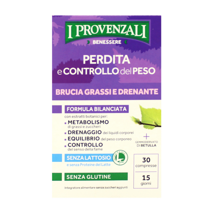 I PROVENZALI PERDITA e CONTROLLO DEL PESO BRUCIA GRASSI E DRENANTE SENZA LATTOSIO SENZA GLUTINE 30 COMPRESSE INTEGRATORE ALIMENTARE