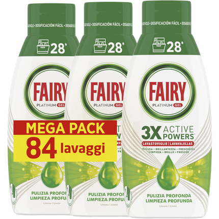 FAIRY PLATINUM GEL LAVASTOVIGLIE 3 X ACTIVE POWERS PULIZIA PROFONDA 28 LAVAGGI 504 ML x 3 PEZZI