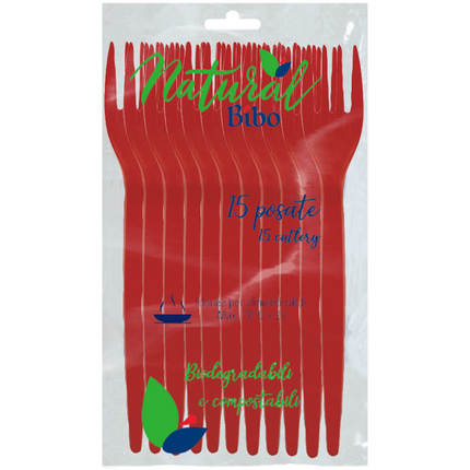 BIBO NATURAL 15 FORCHETTE ROSSE BIODEGRADABILI e COMPOSTABILI