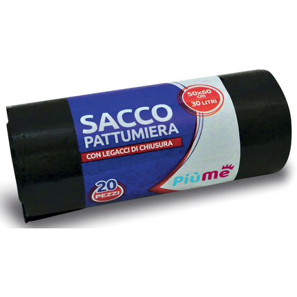 PIUME SACCO PATTUMIERA 50x60 30 LITRI 20 PEZZI CON LEGACCIO NERO