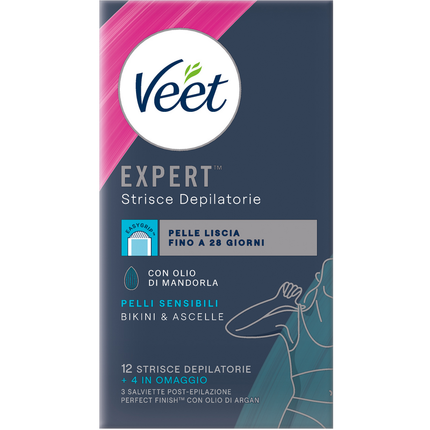 VEET 12 + 4 STRISCE DEPILATORIE BIKINI E ASCELLE PELLI SENSIBILI CON OLIO DI MANDORLA