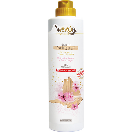WEXOR ELISIR PARQUET DETERGENTE IN GEL PROFUMANTE CON OLIO NUTRIENTE 750 ML ROSA INGLESE, GERANIO E FIORI DI CILIEGIO