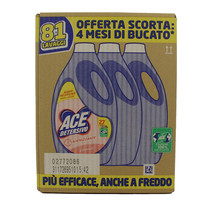 ACE DETERSIVO LIQUIDO LAVATRICE IGIENIZZANTE COLORATI 3 PEZZI DA 27 LAVAGGI